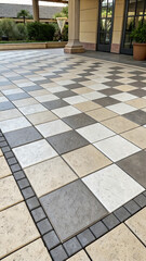 Fototapeta premium Elegant Checkerboard Patio Tiles: Neutral Tones, Modern Design, Upscale Exterior.
