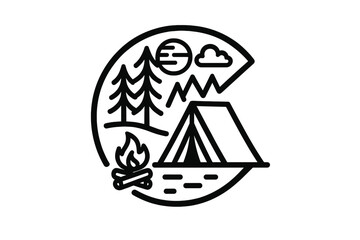 Unique Camping-Themed Logo Design Featuring Nature Elements with Trees, Mountains, Tent, Campfire, Moon, and Cloud in Black and White Vector Illustration with Letter C