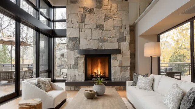 Contemporary lounge with stone-clad fireplace, ivory tones, clean furniture lines, and panoramic windows