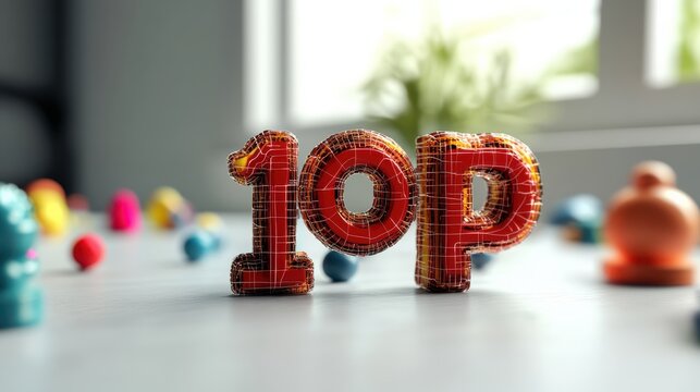 Colorful 10p coin, mosaic letters, decorative numbers, red and yellow beads isolated on Transparent Background