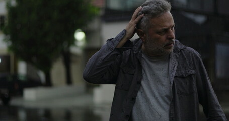 Middle aged man outdoors in rain with hand on head, eyes shut in visible frustration or mental...