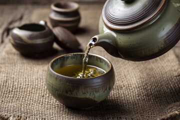 Herbal tea pouring from a teapot into a cup