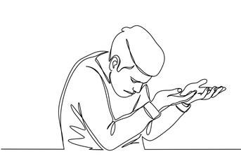 Man with hands outstretched, conveying deep thought or plea in a minimalist line art style