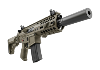 Modern olive drab bullpup carbine with suppressor on white background, low angle product shot, highlighting robust and precise engineering. Concept of modern tactical weaponry and defense
