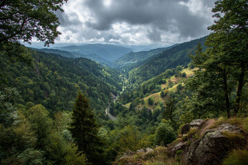 Obraz premium Mountain valley scenic view lush green forest winding road cloudy sky