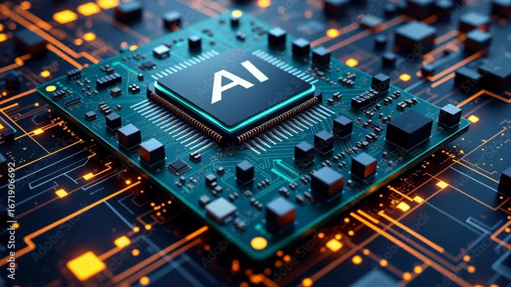 Poster ai chip export concept ,advanced circuit board with ai chip illuminated by orange lights, showcasing