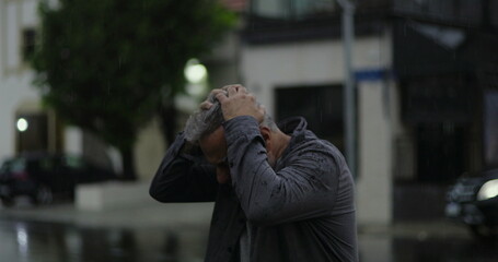 Middle aged man outdoors in rain with hand on head, eyes shut in visible frustration or mental...