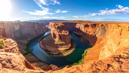 Awe inspiring panoramic scenic view of Horseshoe Bend, famous outdoor canyon landscape in Arizona. Colorado River flows through magnificent red rock formation