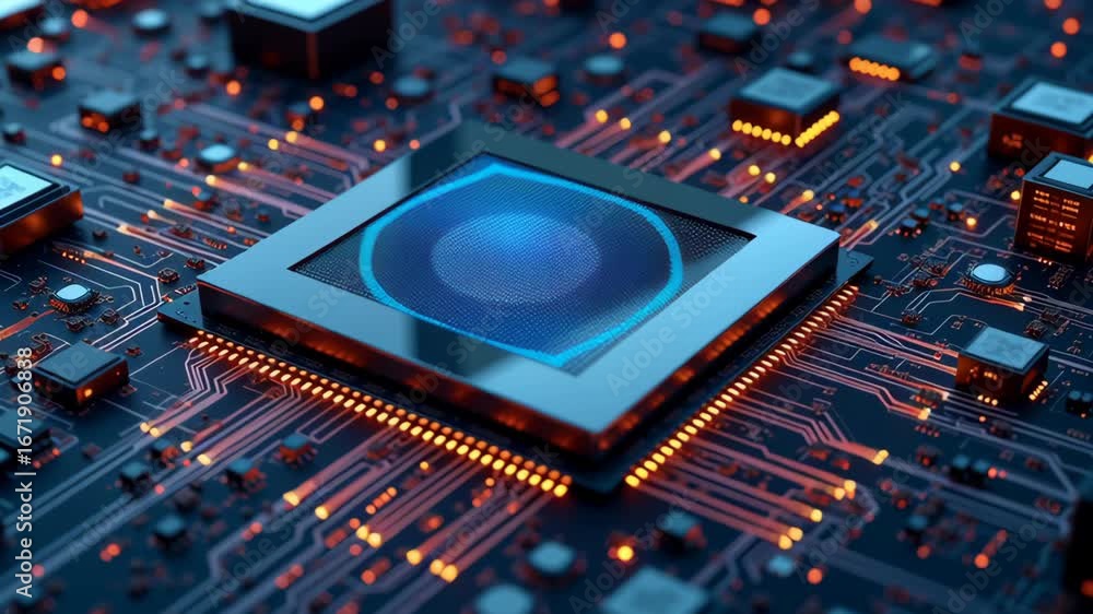 Poster ai chip export concept ,close up view of glowing blue microchip circuit design showcasing advanced t