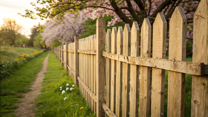 Fototapeta premium Rustic Wooden Fence, Spring Blossoms, Peaceful Garden Path, Warm Sunset Light