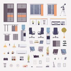 Office items environment, collection of furniture, decorative items, and equipment, for modern home or office setting, storage cabinets, water coolers, desktop monitors, laptops. Vector illustration