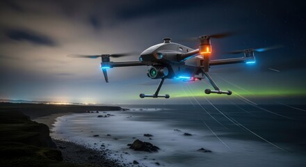 Autonomous aerial vehicle over rugged coastline at dusk with mesmerizing aurora hues and ocean