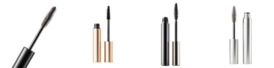 Various Mascara Tubes and Applicators in Black, Gold, and Silver on White