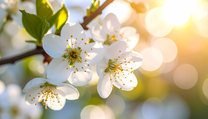 Serene close up of white flower blossom on tree branch in spring garden. beautiful nature background shows bright sun shining with warm, golden flare and bokeh