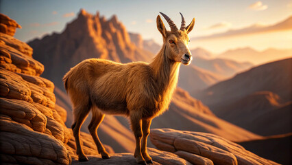 Ibex standing on rocky mountain slope at sunset with dramatic mountain background goat wild animal