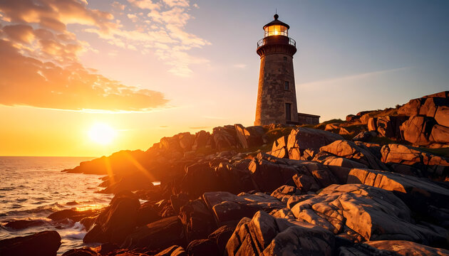 Serene lighthouse on rocky coast during golden sunset. warm light from sun shines over sea and ocean, creating beautiful and peaceful landscape