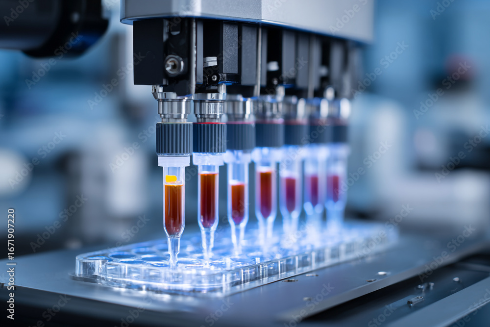 Aufkleber automated liquid handling system processing samples in a lab