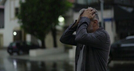 Middle aged man outdoors in rain with hand on head, eyes shut in visible frustration or mental...
