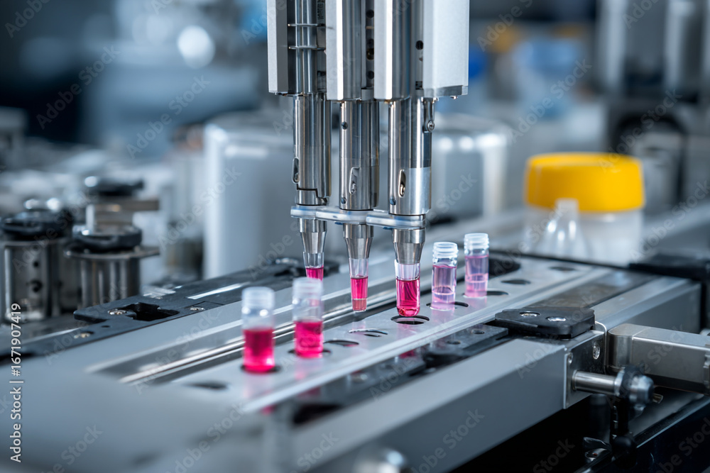 Aufkleber automated liquid handling robotic arm dispensing pink liquid into sample vials in a laboratory setti