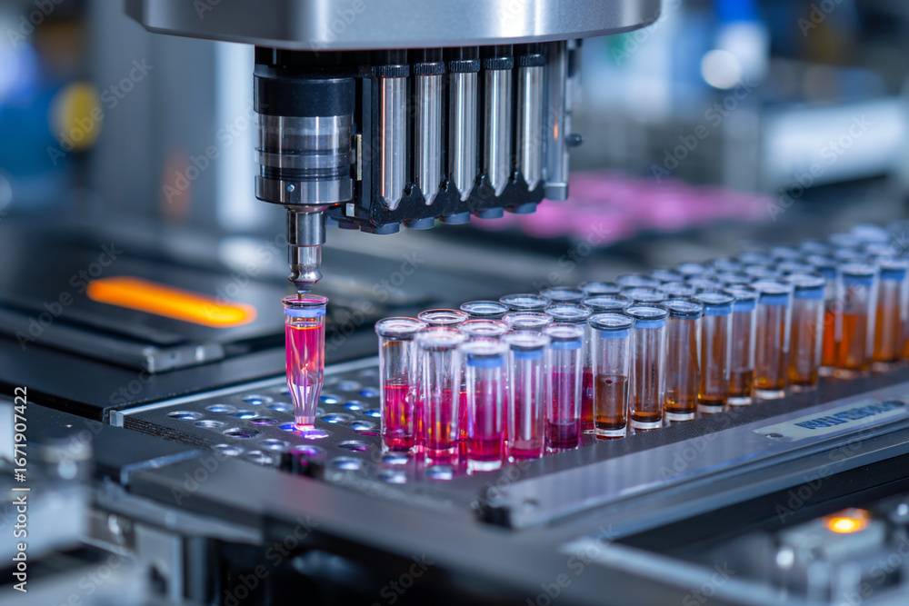 Aufkleber automated liquid handling system dispensing liquids into sample tubes in a lab