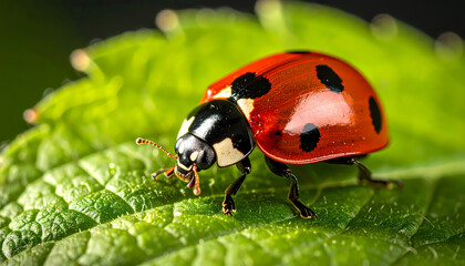 Fototapeta premium Vibrant red ladybug with black spots crawling on fresh green leaf. tranquil macro closeup of tiny insect highlighting delicate beauty of nature and wildlife in garden