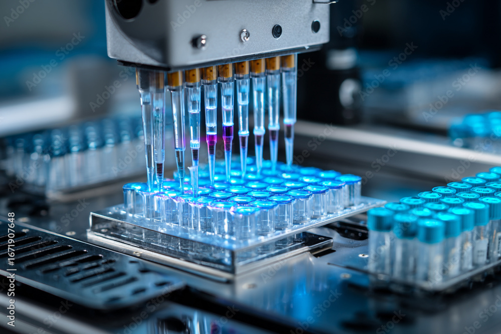 Aufkleber automated liquid handling system dispensing liquids into sample tubes in a lab