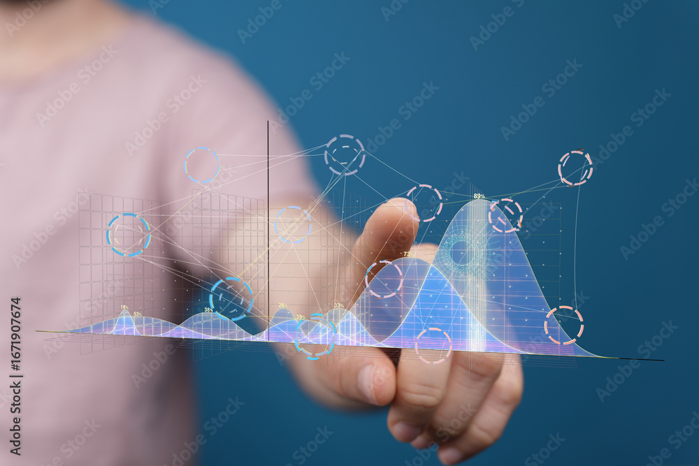 Poster person interacting with a digital graph showing data analysis and visualization.