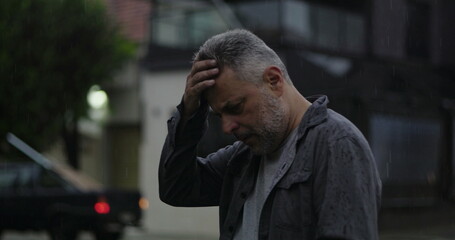 Middle aged man outdoors in rain with hand on head, eyes shut in visible frustration or mental...