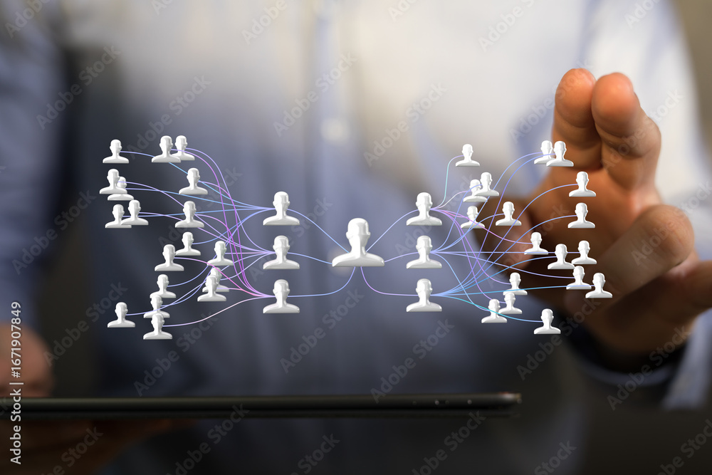 Poster visual representation of a global network, connecting people through communication and technology.