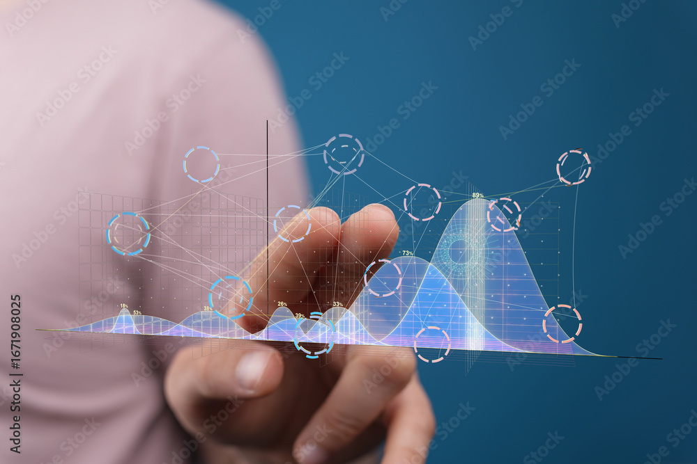 Aufkleber person interacting with a digital graph, showcasing data analysis and visualization.