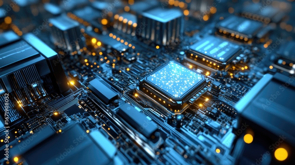 Poster decentralized cloud system data workflow technology hub digital landscape close-up view innovative s