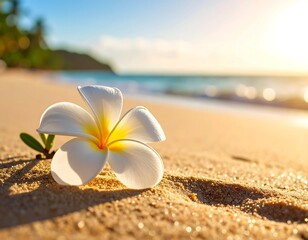 White tropical flower on a sandy beach at sunset