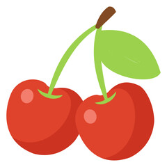 Red cherry fruit illustration with green leaf, isolated on white background, fresh sweet seasonal organic fruit for nutrition.