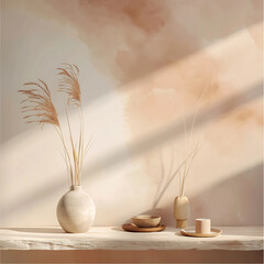 Minimalist decor with vases and dried plants on a wooden table in a softly lit room with warm tones generative ai