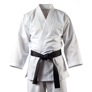A white karate gi with a black belt displayed isolated on white background ,PNG. AI Generated.