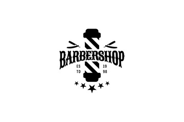 Barbershop logo. Vintage barber shop sign. Man haircut salon retro design. Old hairdresser badge with barber pole, scissors, razor blade.