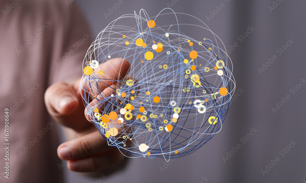 Poster abstract image of a hand interacting with a digital network sphere. represents global connection, co