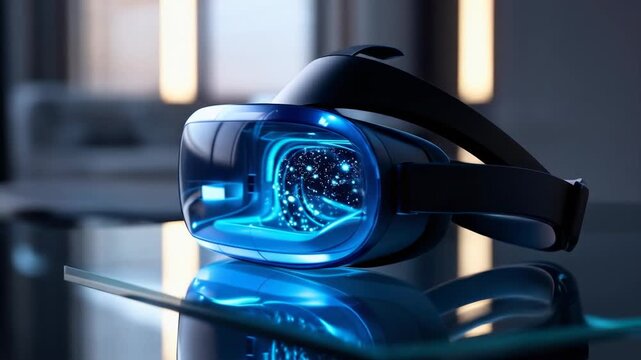 Modern virtual reality headset with glowing blue interface, representing the cutting edge of immersive technology and the boundless potential of futuristic digital experiences