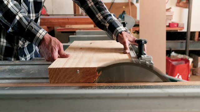 Unrecognizable carpenter sawing wooden plank in workshop. High quality 4k footage
