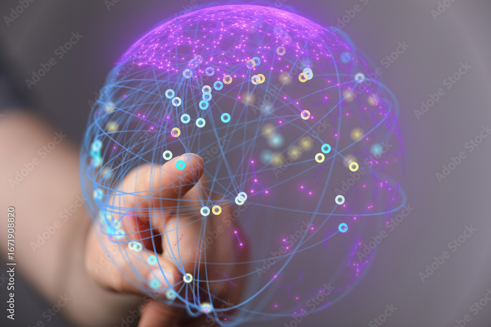 Aufkleber abstract image depicting a hand interacting with a glowing digital sphere representing global networ
