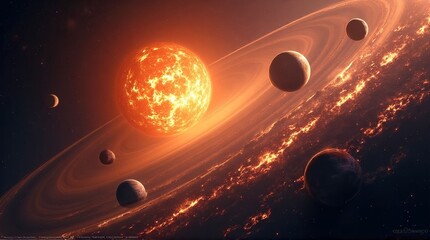 An orange star with several planets orbiting around it in a cosmic and fiery celestial display scene