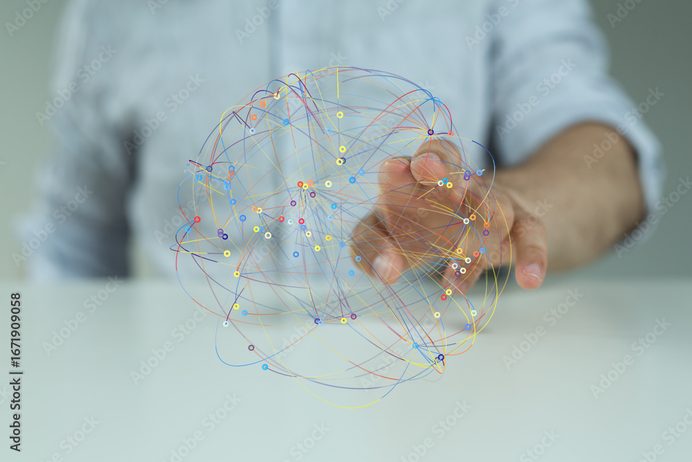 Poster person interacting with a digital network, showcasing global connections and data flow visualization