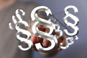 3D rendering of interconnected paragraph symbols, representing legal networks and regulations.