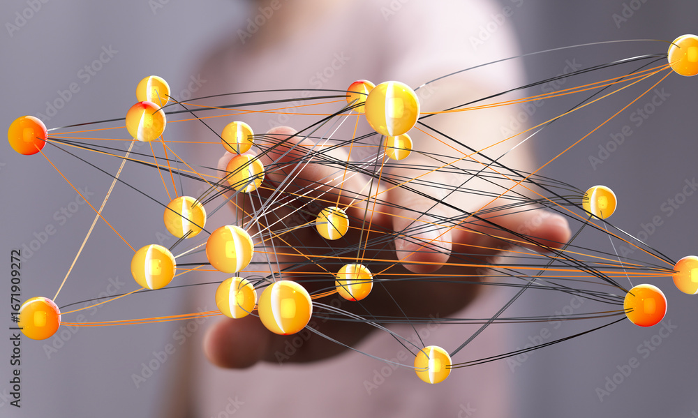 Poster abstract image of a hand interacting with a complex network of interconnected nodes, representing gl