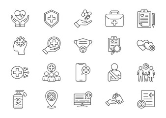 Healthcare thin line icon set. Containing diagnosis, health, prevention, treatment, medical