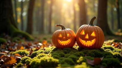 Two jack o lanterns on mossy ground in a forest setting with sunlight shining through the trees