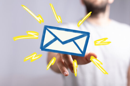 Image of a person presenting a digital email icon, symbolizing fast and effective communication.