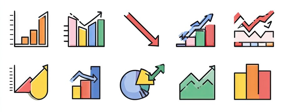 A collection of colorful chart icons depicting various trends, including growth, decline, and stability