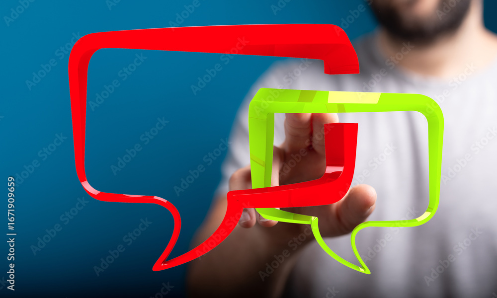 Poster abstract image of a person interacting with colorful speech bubbles, representing communication and 