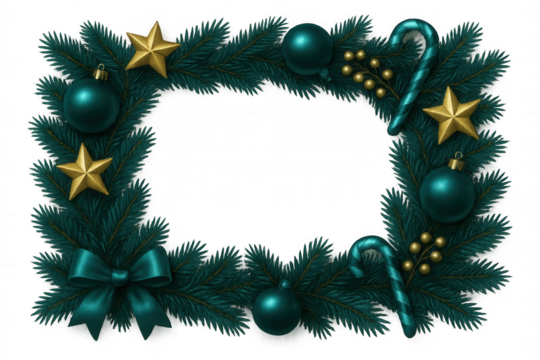 Festive christmas border frame composed of fir branches, candy canes, baubles, and stars, creating a holiday decoration on a transparent background